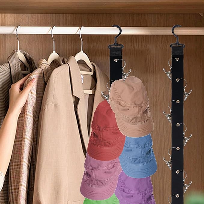 2 Pack Hat Organizers with 16 Stainless Steel Clips, Vertical Hat Hanger Storage Rack, Hat Holder for Baseball Caps Display Gift Man Women Closet Bedroom Door (Black) (C)