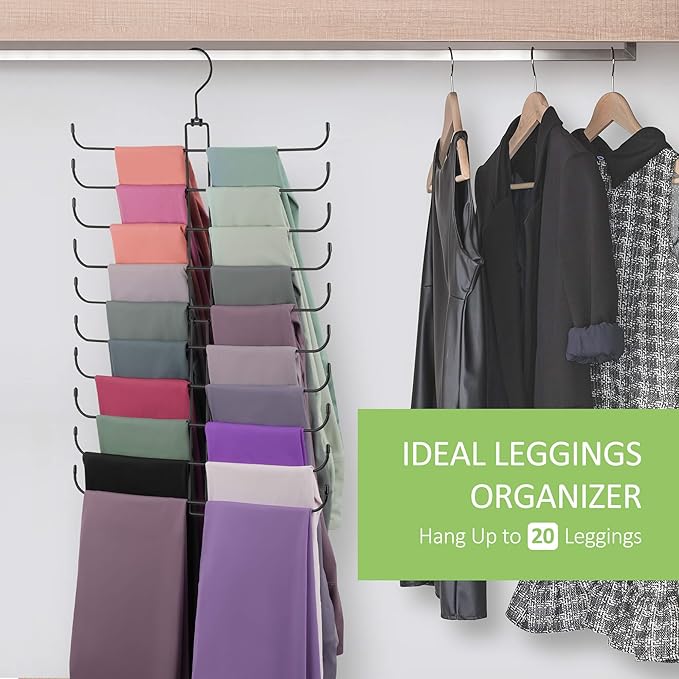 2 Pack Leggings Hangers for Closet, Metal Yoga Pant Legging Organizer Holds 40 Leggings, 360° Rotating Space Saving Hanging Closet Organizers and Storage, Black
