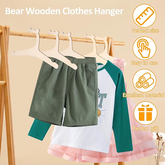 20Pcs Wooden Kids Hangers 9 inch Reusable Smooth Wooden Kids Hangers Cute Bear Baby Nursery Closet Hangers Newborn Hangers for Baby Toddler Kids Clothes Pants