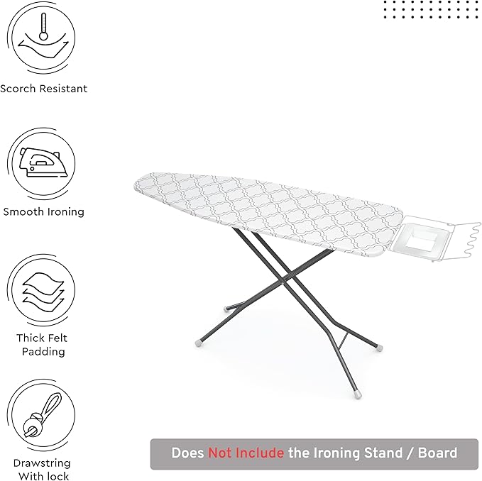Encasa XO Ironing Board Cover and Pad 54"x15" - Thick 3mm Felt Padding, Drawstring Tightening & Lock, Easy Fit, Scorch & Stain Resistant, Fits Standard Large Ironing Board - White Tiles