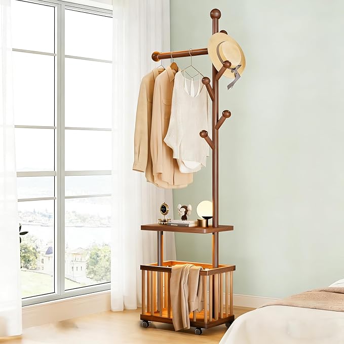 Solid Wood Coat Rack Clothes Rack, Coat Rack Freestanding with Storage Basket Heavy Duty Coat Tree for Entryway, Living room, Coat Hanger Stand for Hats, Bags Clothes
