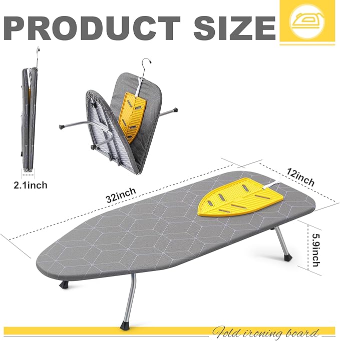 Chunful Portable Tabletop Ironing Board, Foldable Small Compact Ironing Board with Mat & Hook for Hanging Travel Mini Iron Non Slip Feet Table Storage for Dorm Space, 32 x 12 in(Elegant,Dark Gray)