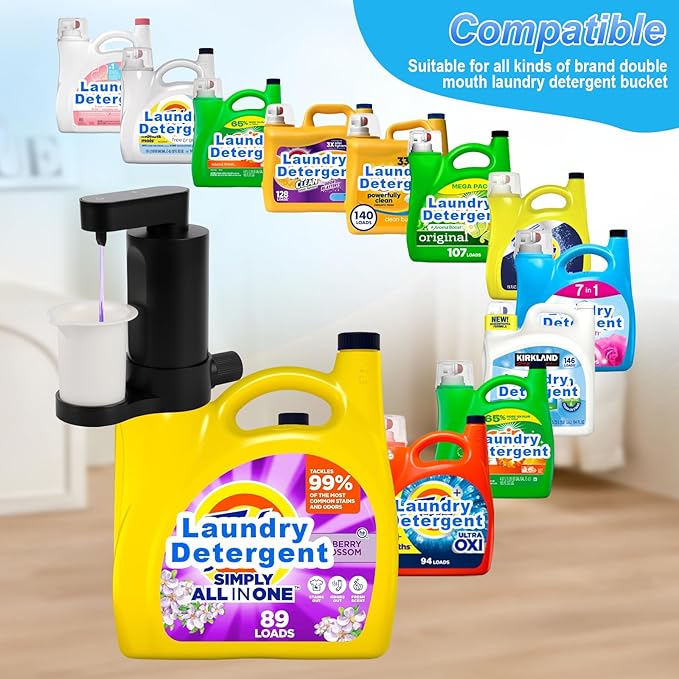 Electric Laundry Detergent Dispenser with Graduated Cup, Smart Laundry Detergent Pump, 2000mAh Rechargeable Fabric Softener Dispenser with Lock Function, for Laundry Room Organization (Black)