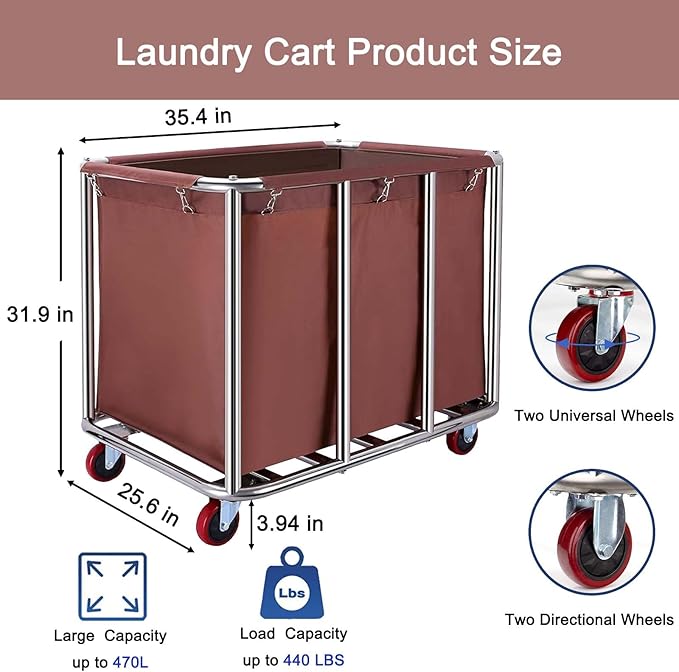 Commercial Laundry Cart with Wheels, 470L Industrial Rolling Laundry Basket, Large Heavy Duty Laundry Sorter with Watertight Oxford Bag & Sturdy Steel Frame for Home, Hotel, Hospital, 440 lbs (Brown)