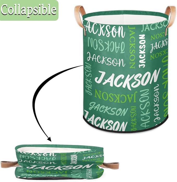 Custom Name Large Laundry-Basket for Kids-Boys-Girls, Personalized Foldable Waterproof Laundry Hamper Dirty Clothes Toys Storage Bin with Handles,Green
