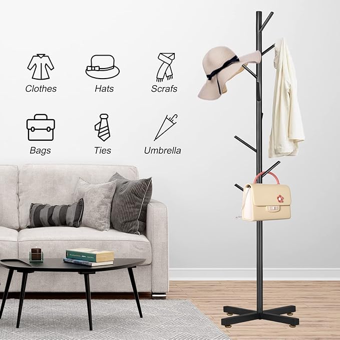 Metal Coat Rack, Modern Coat Rack Freestanding, Sturdy Coat Tree Stand with Cross Base, Black Coat Racks Hall Tree for Clothes Jacket Hat Bag Entryway