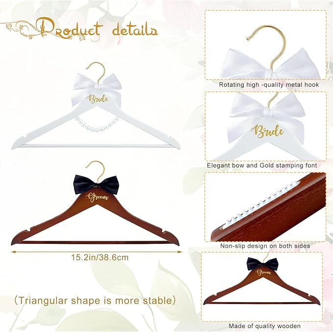 2 Pack Bride and Groom Wedding Hanger Set, Bridal Wedding Dress Hanger with Bow Tie & Pearls for Wedding Gift Bridal Party & Shower