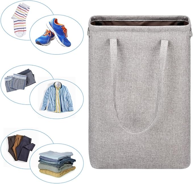 i BKGOO Laundry Basket with Handles Grey Coffee-Slim Laundry Bin Collapsible Dirty Clothes Basket Narrow Laundry Bag Foldable Dirty Hamper for Camping, Dorms, Apartments