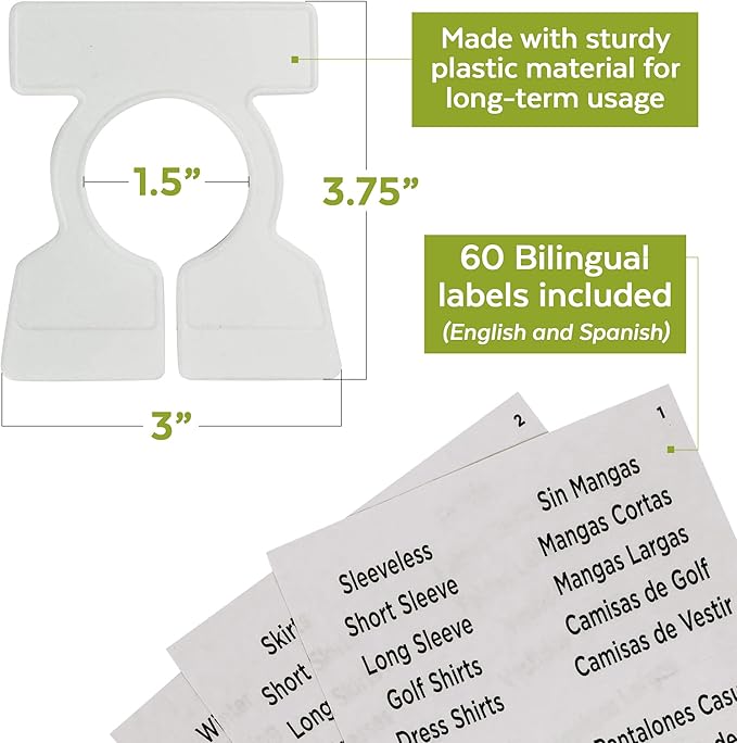 Simple Division Garment Organizers - Sort, Put Away, and Find Clothes Easily - 12 White Closet Organizers - Includes 60 Bilingual Sorting Labels