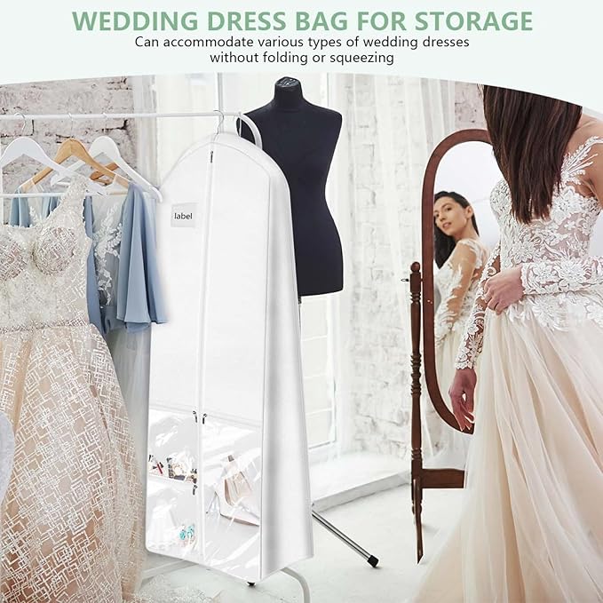 WSSROGY 72" Long Wedding Dress Garment Bag Cover for Gowns Women with 10'' Gusseted Dress Bags 4 Pocket (White 2 Pack)