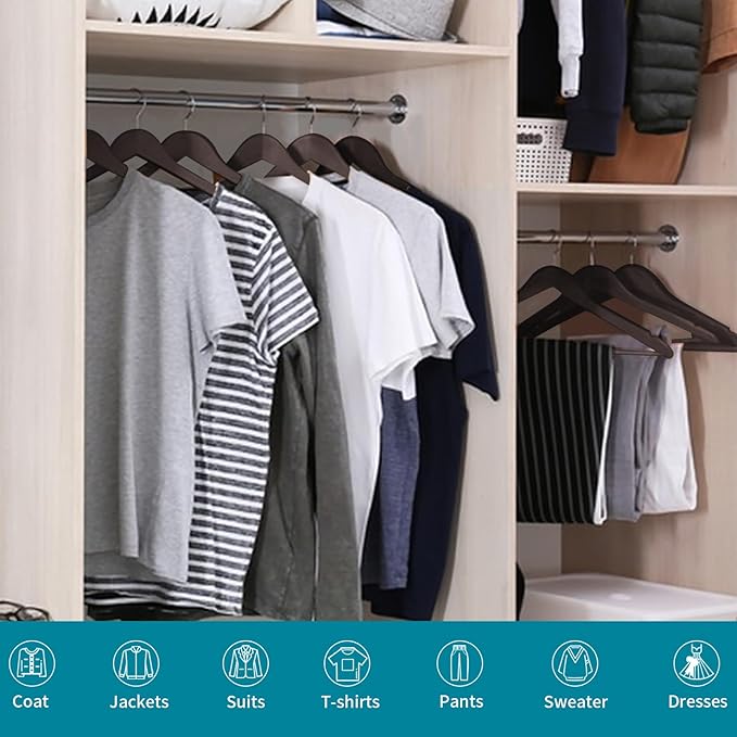 20 Pack Wooden Coat Hangers, 360° Swivel Hook, Suit Hangers with Anti-Slip Notches, for Jackets, Shirts, Dress, Dark Walnut, UAWY0520H