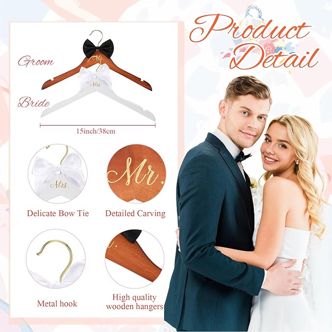 2 Pcs Bride Hanger for Wedding Dress Bride and Groom Wooden Wedding Dress Hanger Set with Bow Tie for Tuxedo Suit Gift Bridal Party Shower