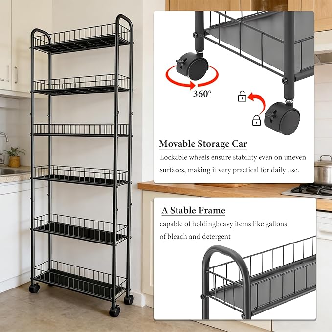 Slim Storage Cart with Wheels, 6-Tier 6in Black Narrow Rolling Shelf,Sturdy Slim Storage Ideal for Kitchen, Bathroom, and Laundry Room