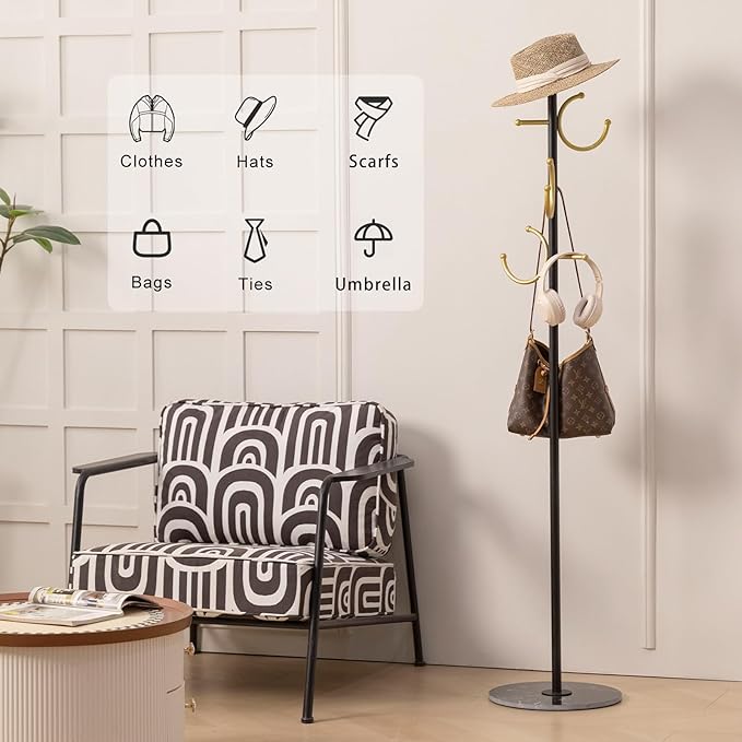 Coat Rack Freestanding Metal Corner Clothing Rack with Round Marble Base 8 Hooks Heavy Duty Coat Tree for Hanging Clothes Bag Hats 13.78x13.78x67.72 in (Black)