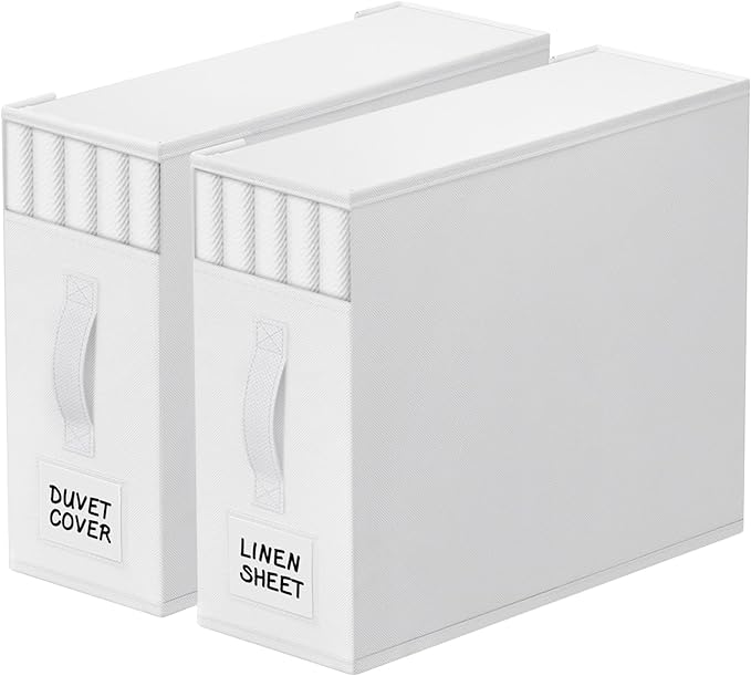 2 Pack Bed Sheet Closet Organizers and Storage,Sturdy Foldable Storage Containers with Window and Label,Storage and Organization for Bedding Sheets,Duvet Covers,Blankets (White)