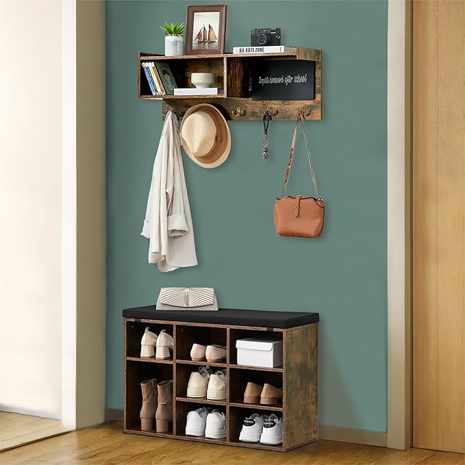 Entryway Shoe Bench with Coat Rack, Cushioned Storage Seat with Cubbies, Shoe Rack Bench for Front Door Entrance, Hall Tree with Hooks, Blackboard & Extra Storage for Entryway, Hallway & Living Room
