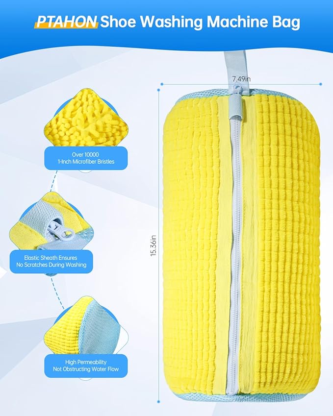 Shoe Washing Machine Bag – Reusable Laundry Shoe Bag for Washer and Dryer, Durable Chenille Microfiber with 360° Cleaning, Hidden Zipper Design for Sneakers, Tennis Shoes, Yellow