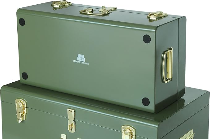 Vixdonos Metal Trunk Decorative Storage Box Set of 2 College Dorm Chest with Handle (Green)