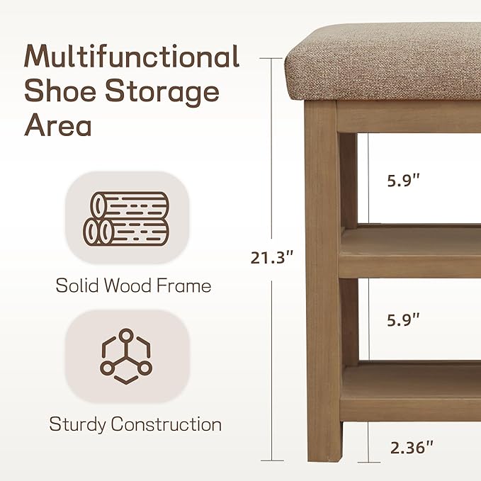 2 Tier Shoe Rack Bench with Cushion, Solid Wood Shoe Benches, Mid-Century Modern Shoe Storage Bench for Entryway, Hallway, Living Room, Closet, Front Door Entrance, (Brown, 39.4")