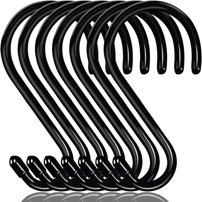 HiGift 6 Inch Large S Hooks for Hanging Plants, Non Slip Vinyl Coated S Hooks Heavy Duty, Metal Black Closet Hanger Hooks for Hanging Plant Jeans Pot Pan Clothes Purses Towel Bags Scarfs- 8 Pack