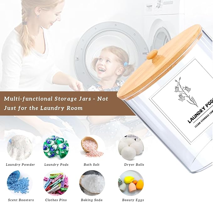 3 Pack Laundry Pods Container & Dryer Sheet Holder, Clear Plastic Laundry Room Organization and Storage Jars Set with Lids, Scoops, Labels for Detergent, Powder, Dryer Balls, Beads(Round)