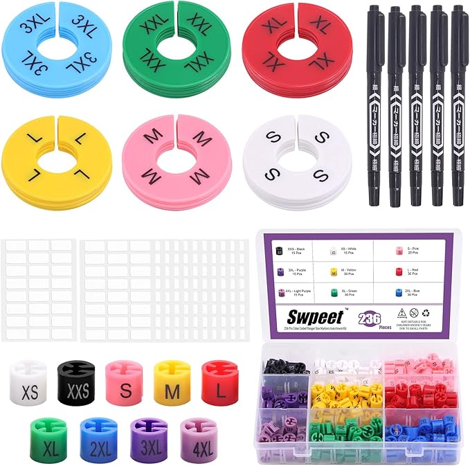 Swpeet 236pc 9-Size Plastic Hanger Markers with Color-Coding Tags for XXS-4XL Clothing Hangers