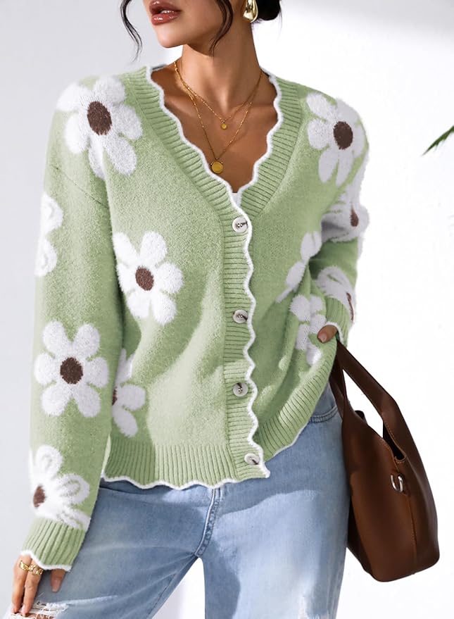 Pink Queen Fuzzy Sweater Cardigan for Women 2025 Fashion Long Sleeve Flower Outerwear Button Down Open Front Cardigan Coat