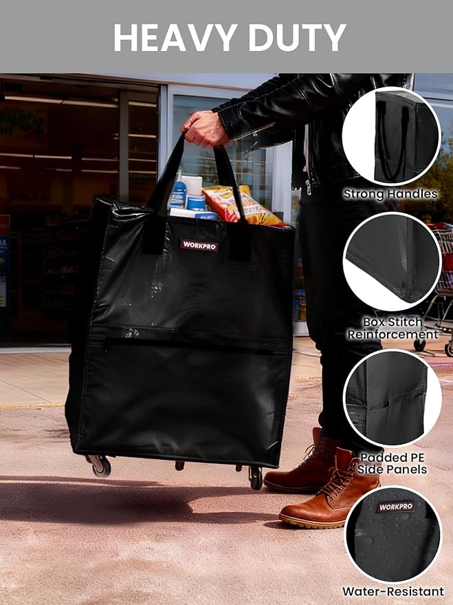 WORKPRO Large Rolling Grocery Bag, 36-Gallon Tote with 5 Wheels, 110 lbs Capacity, Dual Carry, Wide Zipper & Extra Storage for Shopping, Laundry & Moving