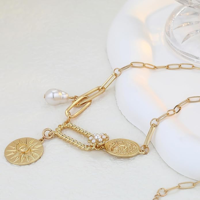 Chunky Gold Necklace for Women Gold Evil Eye Cowboy Pendant Necklace Dainty Paperclip Chain Vintage Luck Amulet Choker Necklaces Celestial Jewelry Gift