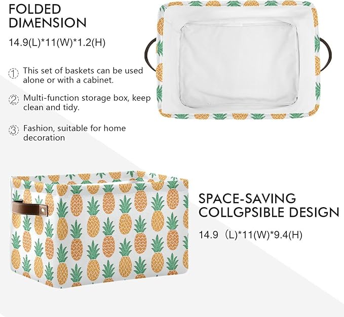 Fun Pineapple Storage Basket Bin, Large Cube Storage Box Canvas Collapsible Storage Organizer for Home Office Closet - 15 L x 11 W x 9.5 H