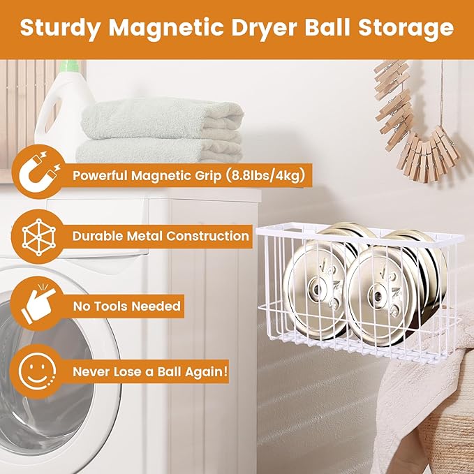 Magnetic Dryer Ball Holder Plus 6 XL Wool Dryer Balls from New Zealand Wool – Laundry Dryer Balls Organizer & Storage, Magnetic Basket for Dryer Balls, Space-Saving & Easy Tool-Free Installation