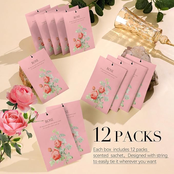 Rose Scented Sachet Bags - 12 Pack Closet & Drawer Freshener, Long Lasting Odor Eliminator for Wardrobes, Cars & Storage, Home Fragrance Air Freshener Sachets