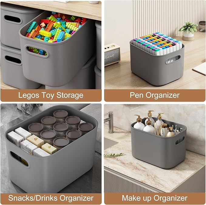 8 Pack Dark Grey Storage Bins with Lids Stackable Storage Container for Organizing, Storage Boxes with Handle for Shelves, Cute Organizer Bins for Craft, Snacks, 9.85x6.9x5.7 inch
