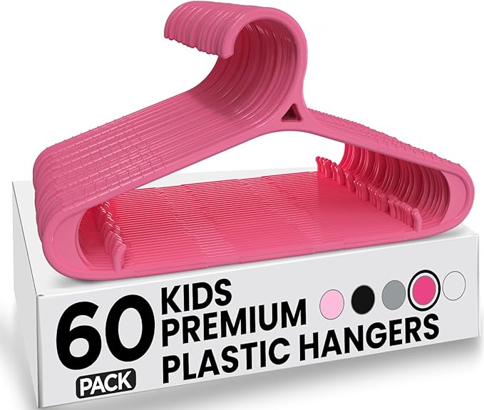 Utopia Home Kids Hangers 60 Pack - 11 Inch Plastic Baby Hangers for Closet - Childrens Hanger for Clothes & Infant Hanger for Closet - Non-Slip Shoulder Grooves, Strap Hooks & Pants Bar (Pink)