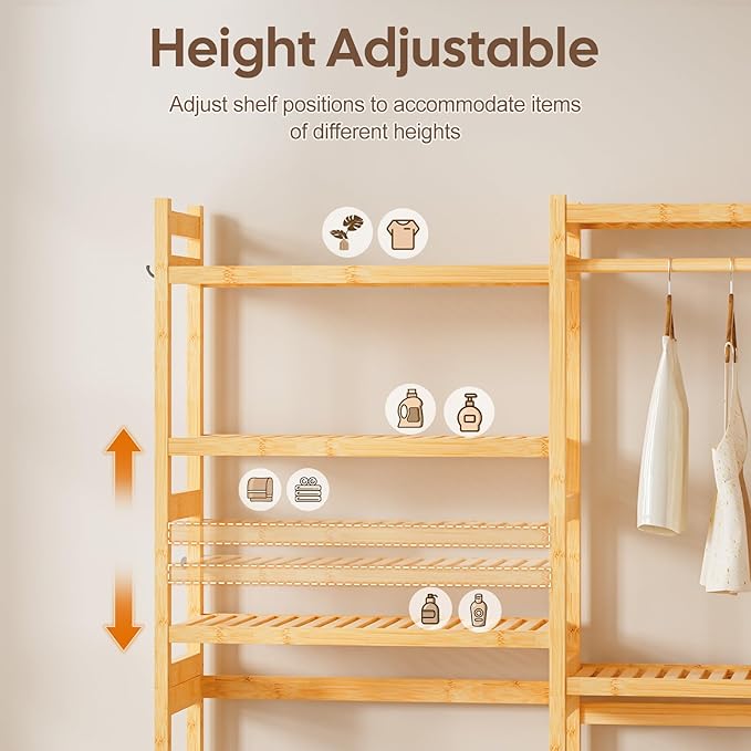 Over The Washer and Dryer Storage Shelf Bamboo,5 Tiers Laundry Room Drying Rack with Adjustable Shelves and 4 Hooks,Space Saver Organizer for Hanging Clothes and Towels (Natural)