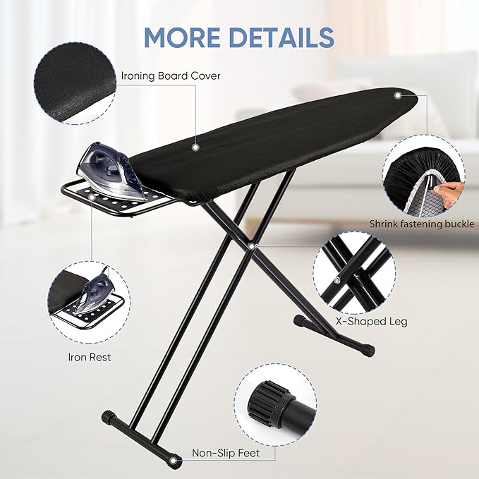 Full Size Ironing Board 15" X 47" with Heat Resistant Cover and Thicken Felt Pad, Safety Iron Rest, Heavy Duty,Anti-Skid Feet, Height Adjustable