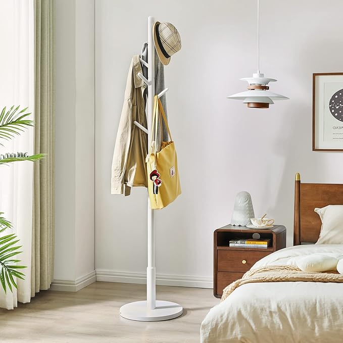 IBUYKE Coat Rack Stand, Freestanding Coat Tree with Solid Round Base and 8 Hooks, Easy Assembly Wooden Coat Hanger, Clothes Rack for Hallway Entryway, Living Room, Bedroom, Office, White WD-114