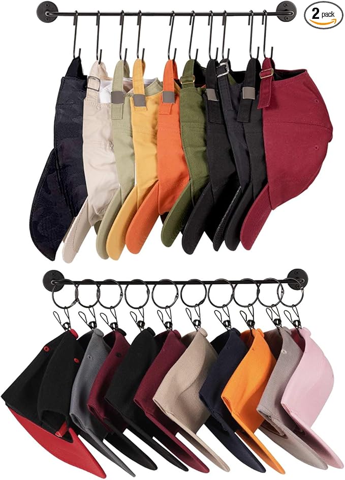 Livelab Hat Rack for Wall, Hat Organizer for Baseball Caps with 10 Hooks+10 Clips, 2 Pack Modern Metal Hat Storage Wall-Mounted Hanger Holder for Closet Door Bedroom Entryroom