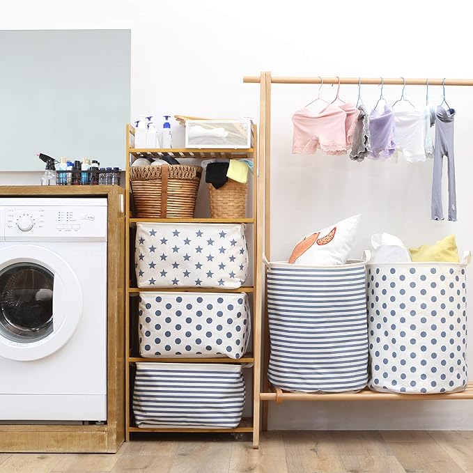 Sea Team 19.7 Inches Large Sized Waterproof Coating Ramie Cotton Fabric Folding Laundry Hamper Bucket Cylindric Burlap Canvas Storage Basket (19.7", Navy Blue & White Stripe)