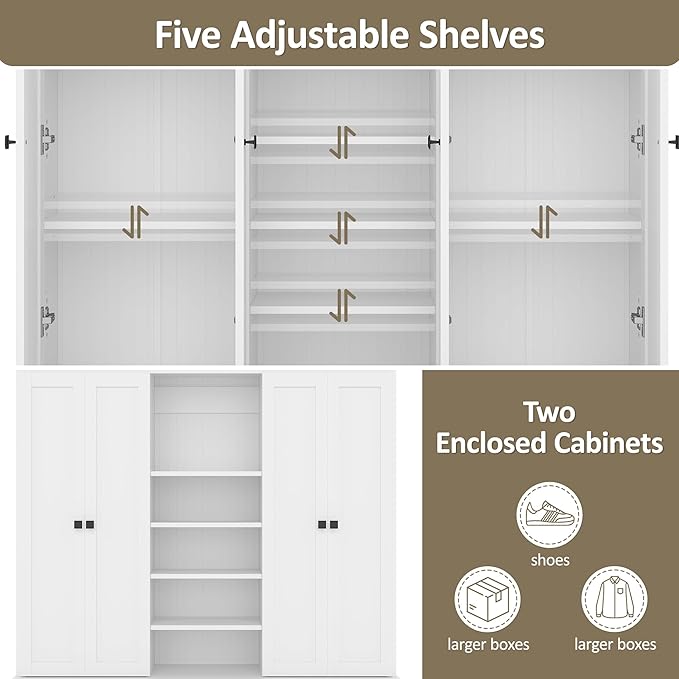 Modern Hall Tree with Bench and 5 Storage Cubbies, 5 Drawers and Adjustable Shelves, 78.7''H Hall Tree Entryway Storage Organizer Cabinet with 4 Doors for Hallway, Entryway, Living Room (White/506)