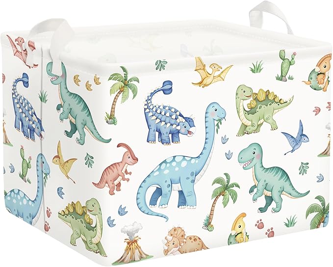Clastyle Boho Dinosaur Laundry Basket Palm Tree Kids Clothes Book Storage Basket Gift Toy Box for Bedroom Decor,Pterosaur,40x30x30 cm