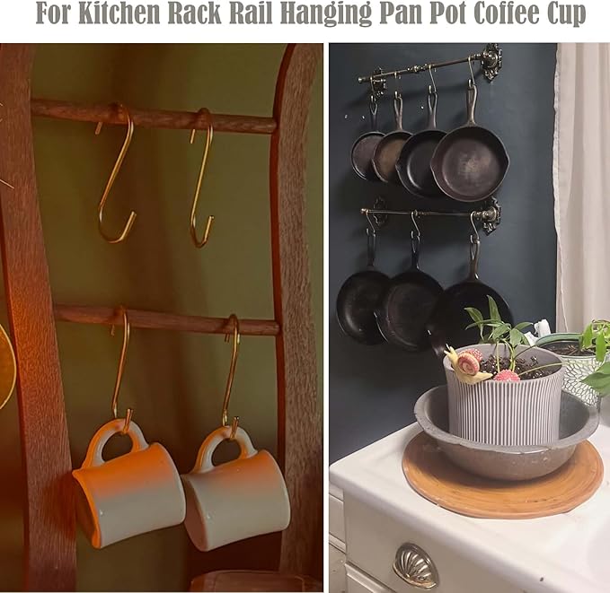 Solid Copper Brass S Hooks Pan Pot Holder Rack Hangers Round-End S Shaped Hooks for Hanging Coffee Mugs Kitchenware Utensils Rail Jeans Pants Clothes Bags