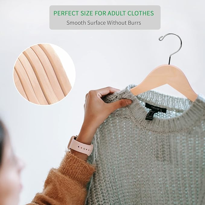 Nature Smile 20 Pack Unfinished Natural Solid Wooden Clothes Hangers Wood Suit Coat Jacket Hanger with Extra Smoothly Cut Notches and Bar - 360°Stronger Rotatable Hook