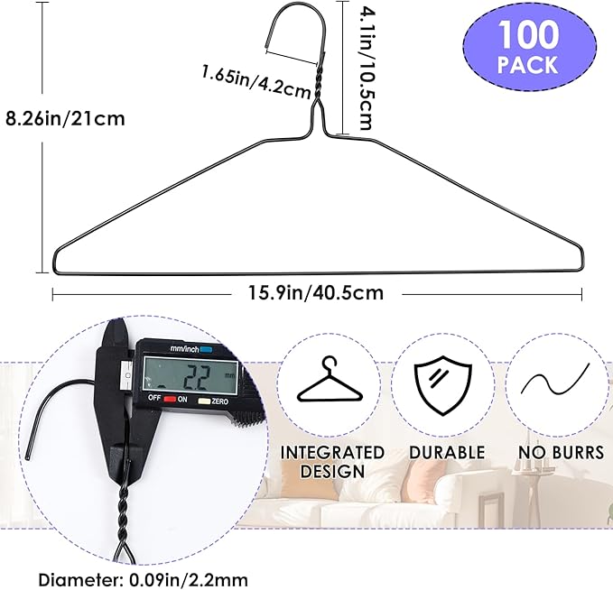 100 Pack Wire Metal Clothes Hangers, 16 Inch Ultra Thin Clothing Hanger, Non Slip, Metal Hangers, Slim Space Saving for Standard Size Suits, Shirts, Pants, Skirts, Black