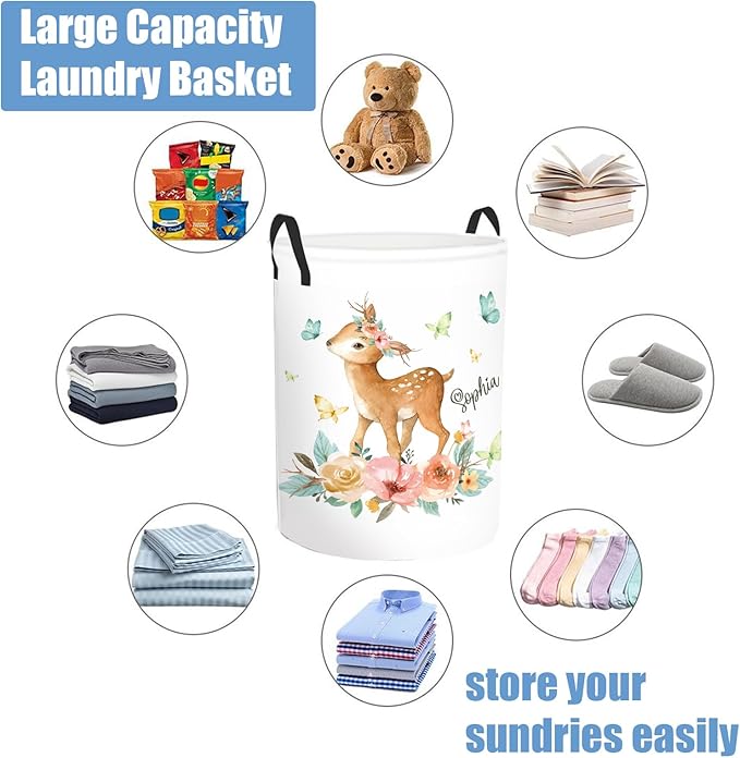 Custom Name Deer Laundry Baskets for Nursery Utility Room, Personalized Toddler Laundry Basket with Name, Customize Baby Name Laundry Hamper Kids Storage Organizer 2 Sizes