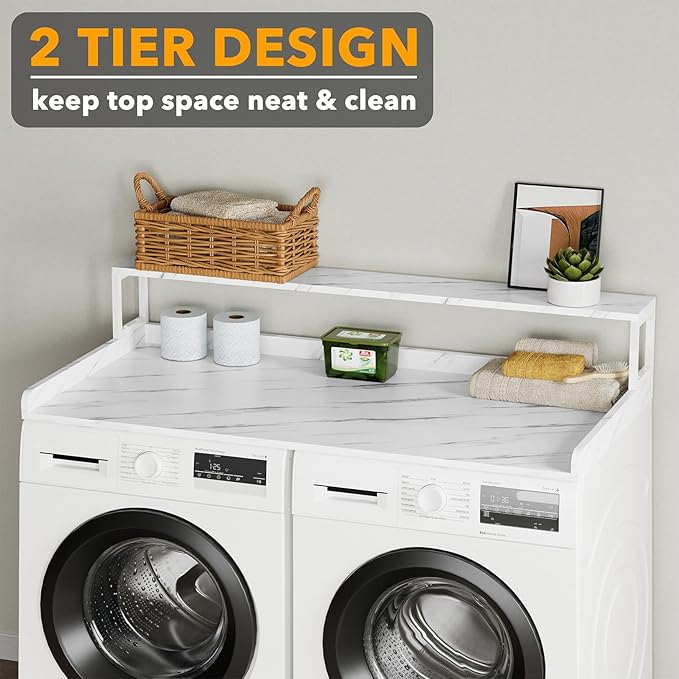 SpaceAid 2-Tier Washer Dryer Countertop, Laundry Topper with Rack Shelf 54" Width x 27.5" Depth x 10" Height Organizer Cover for Washer and Dryer Laundry Hamper Counter Storage (White Marble)