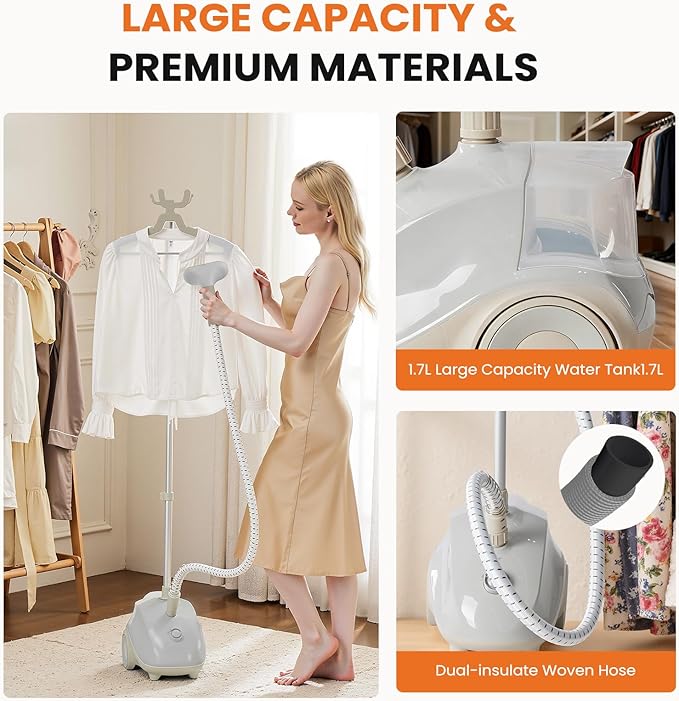 Sweetcrispy Garment Steamer for Clothes Standing, 1500W Powerful Clothes Steamer Standing with Wheels, 1.7L Water Tank for 55 Min Continuous Steaming, Professional Wrinkle Remover Heats in 45 Seconds