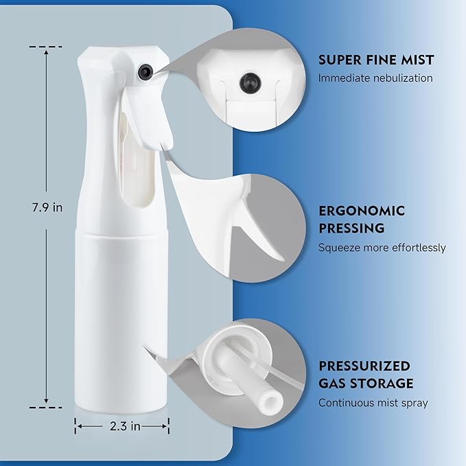 Continuous Spray Bottle for Hair, 1Pack Whole White 6.8oz Mister Spray Bottle, Hair Spray Bottles for Hairstyling, Cleaning, Plants, Pets, Salons & More