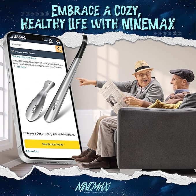 NINEMAX Extra Long Handle Shoe Horn (16.5") & (7.5") Travel Shoe Horns, 2 Pack Metal Shoe Horns for Seniors, Men, Women, Kids