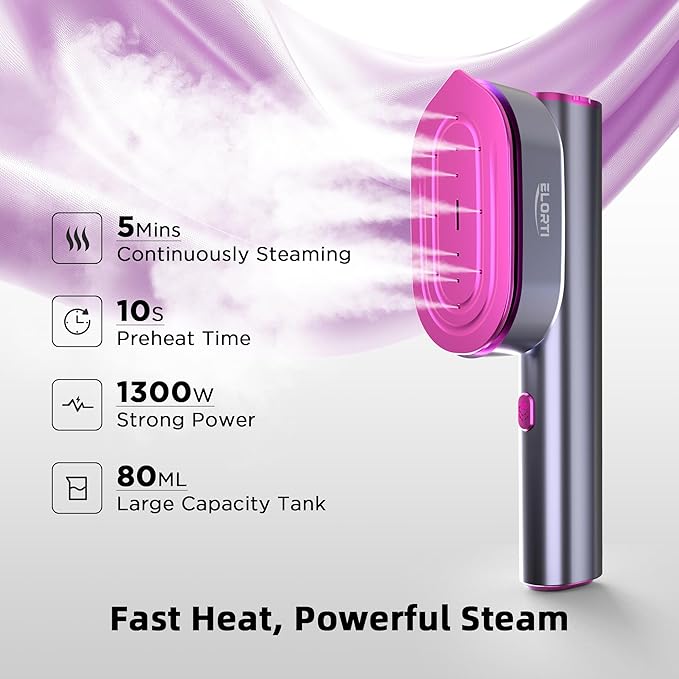 ELORTI Travel Steamer for Clothes, Handheld & Portable 2-in-1 Design, 10s Rapid Heat, 1200W Rotating Head, Compact Size 110–120V for Travel, Home (Red)